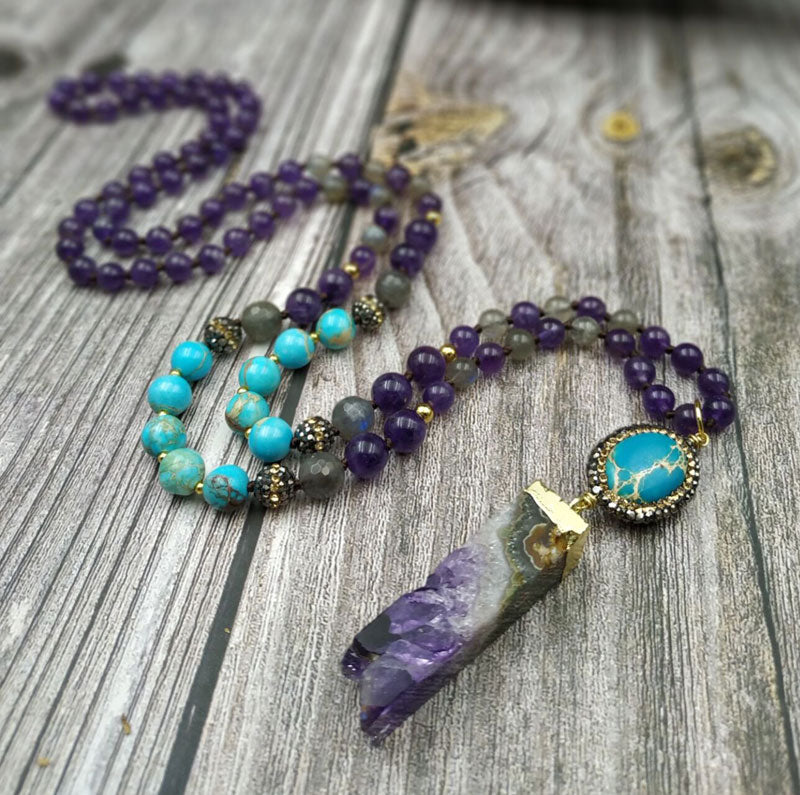 Natural Labradorite, Jasper & Amethyst 108 Mala Beads Druzy Necklace