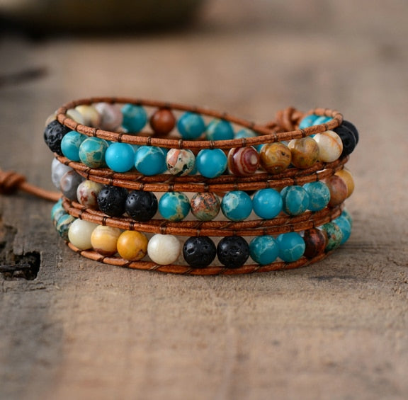 Natural Jasper & Lava Stones Leather Wrap Bracelet