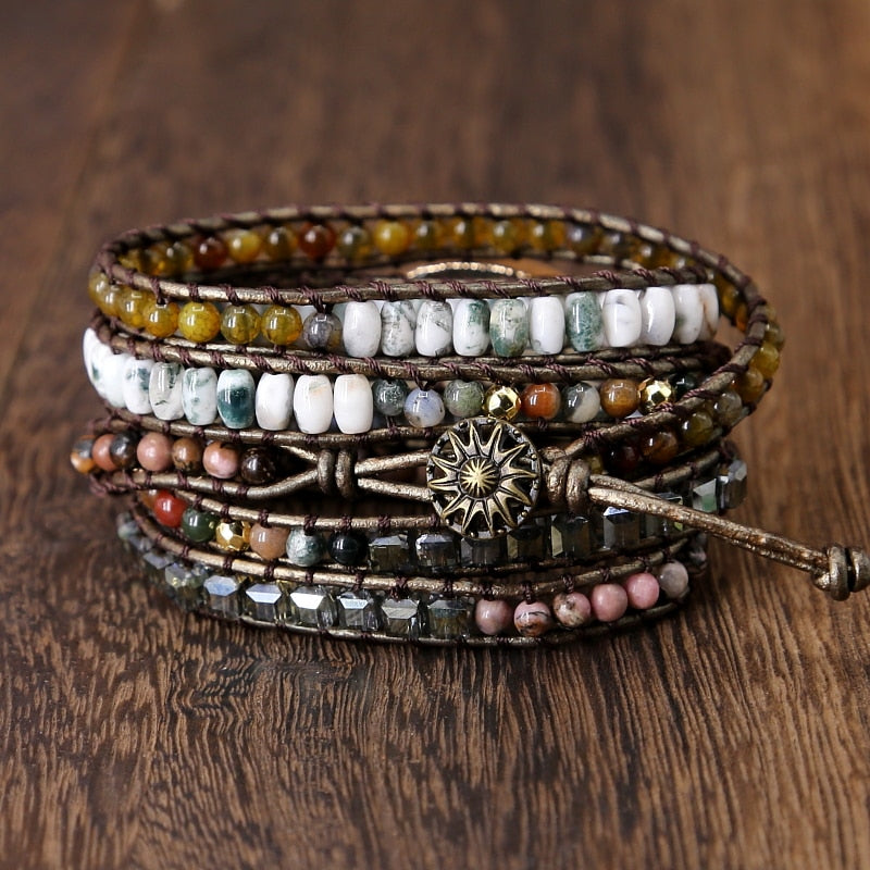 Natural Labradorite, Mixed Agate Beads, Rhodonite & Crystals Leather Wrap Bracelet