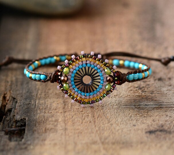Natural Turquoise & Seed Beads Mandala Wrap Bracelet