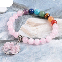Load image into Gallery viewer, Natural 7 Chakras Rose Quartz Beaded Bracelet with Tree of Life
