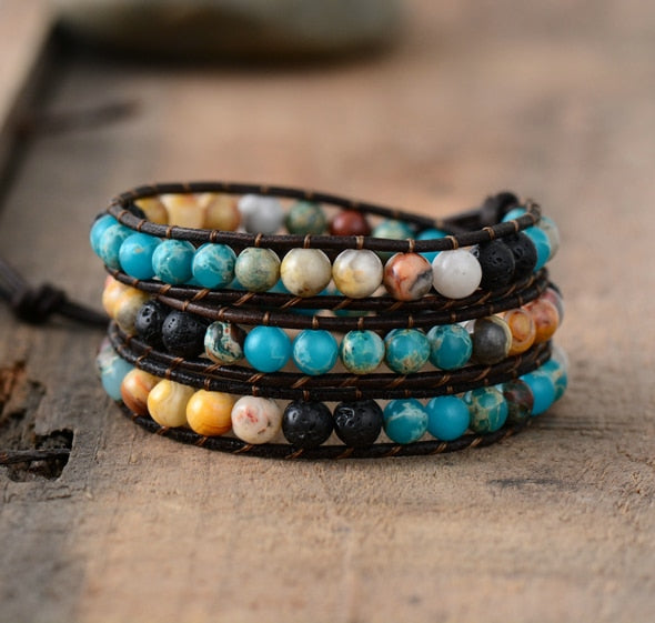 Natural Jasper & Lava Stones Leather Wrap Bracelet