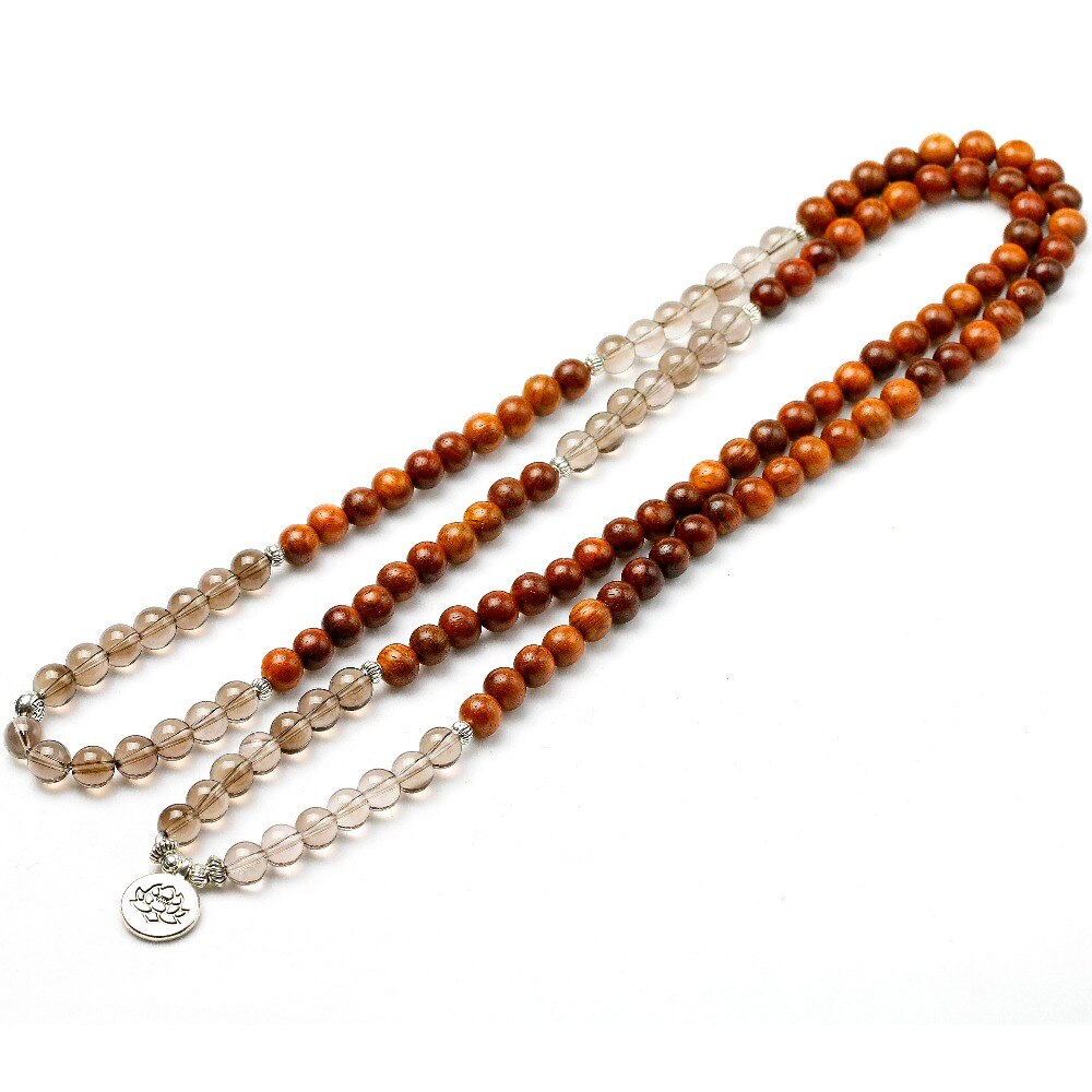 Natural Smoky Quartz & Wood 108 Mala Beads Necklace / Bracelet