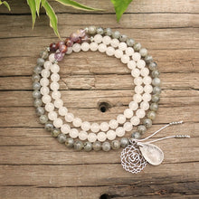 Load image into Gallery viewer, Natural White Quartz, Ghost Amethyst &amp; Labradorite 108 Beads Mala Crown Chakra Necklace / Bracelet
