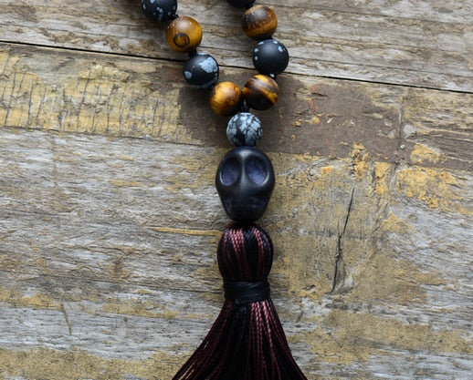 Natural Tiger Eye & Snowflake Obsidian Skull Necklace