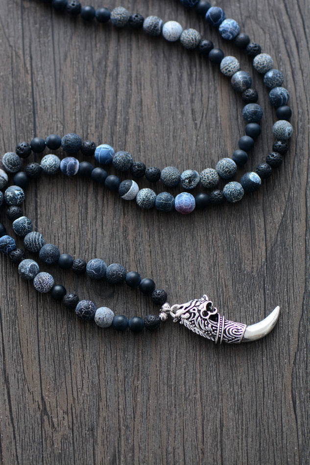 Natural Onyx, Lava Stones & Jasper Beaded Necklace with Dragon Tusk Pendant