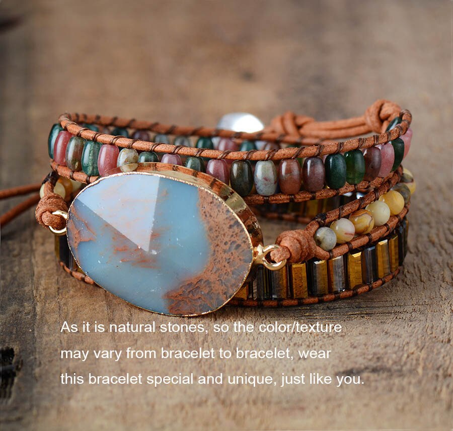 Natural Agate, Jasper & Crystals Leather Wrap Bracelet