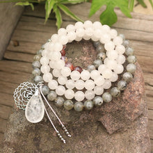 Load image into Gallery viewer, Natural White Quartz, Ghost Amethyst &amp; Labradorite 108 Beads Mala Crown Chakra Necklace / Bracelet
