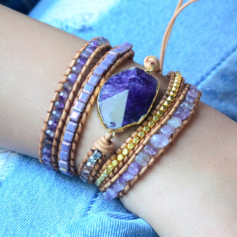 Natural Amethyst & Crystals Leather Wrap Bracelet