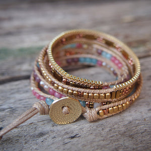 Natural Multi-Coloured Gemstones & Brass Beads Leather Wrap Bracelet