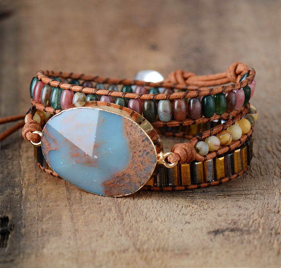 Natural Agate, Jasper & Crystals Leather Wrap Bracelet