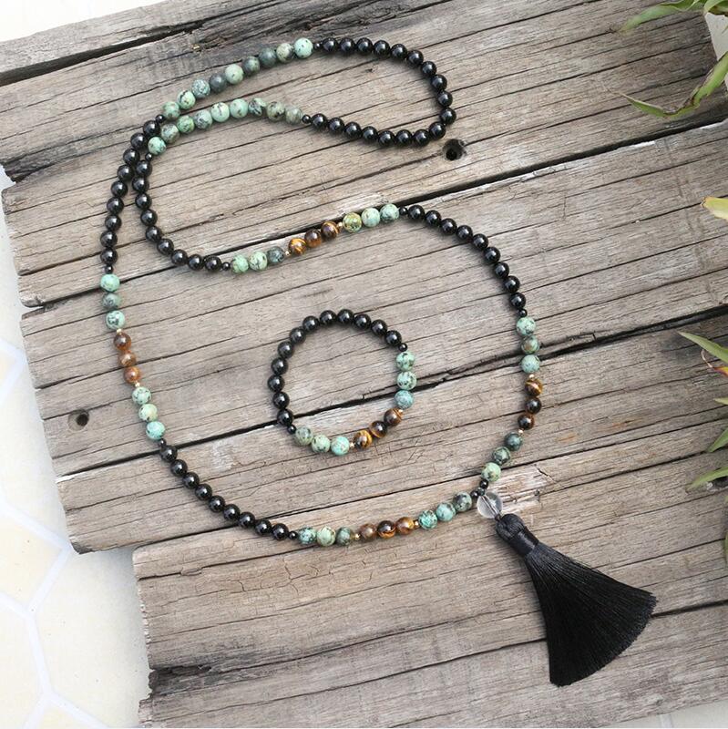 Natural Black Onyx, African Turquoise & Tiger Eye 108 Mala Beads Necklace / Bracelet