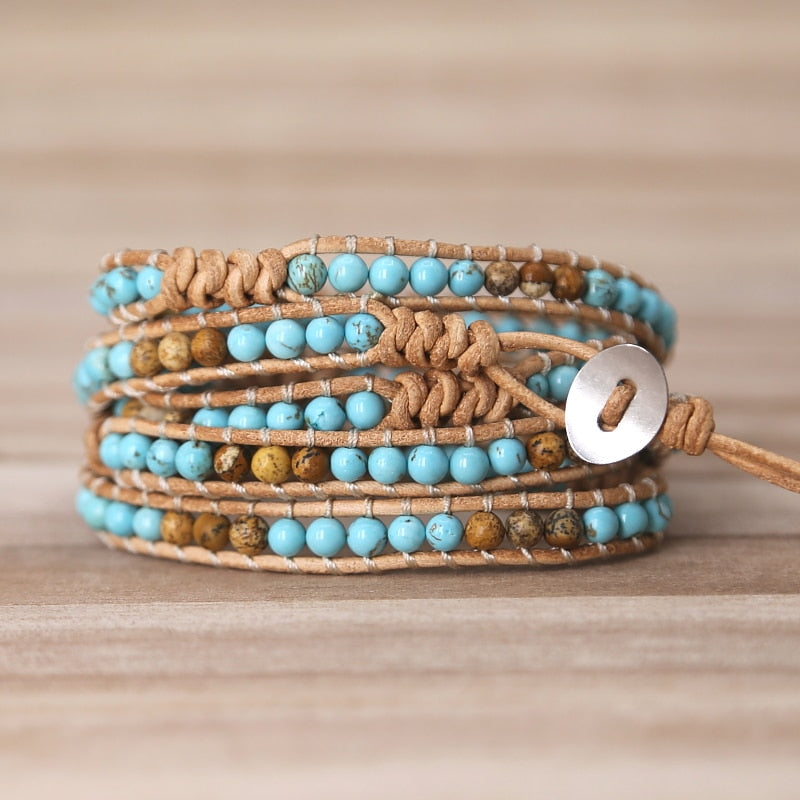 Natural Turquoise & Picture Jasper Knotted Leather Wrap Bracelet