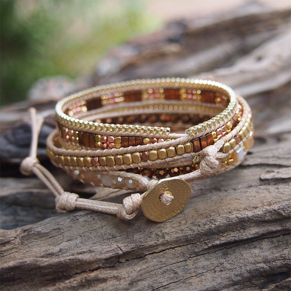 Bronze Crystal and Brass Beaded Leather Wrap Bracelet