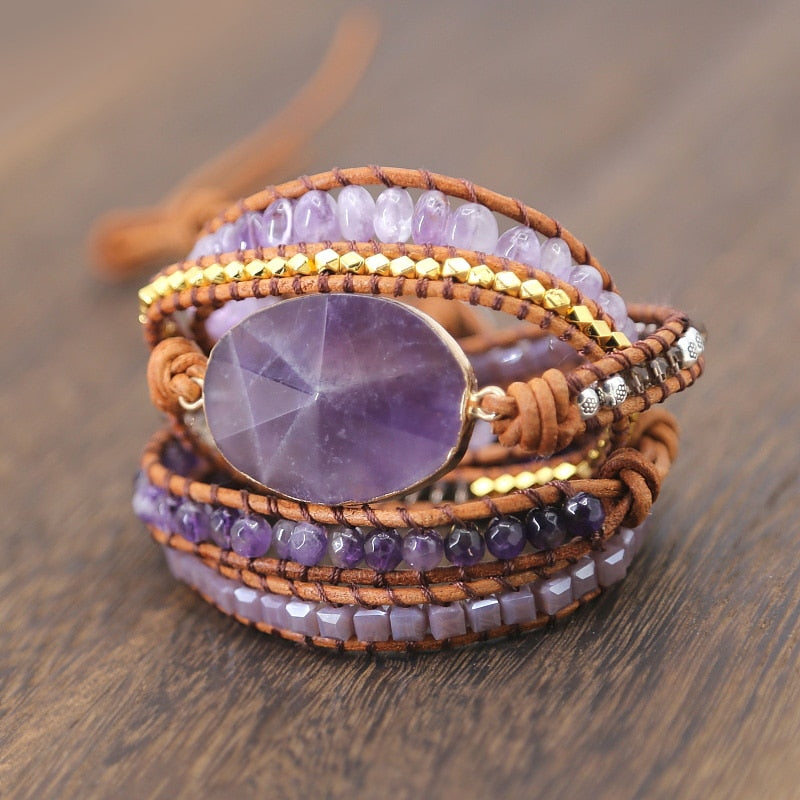 Natural Amethyst & Crystals Leather Wrap Bracelet