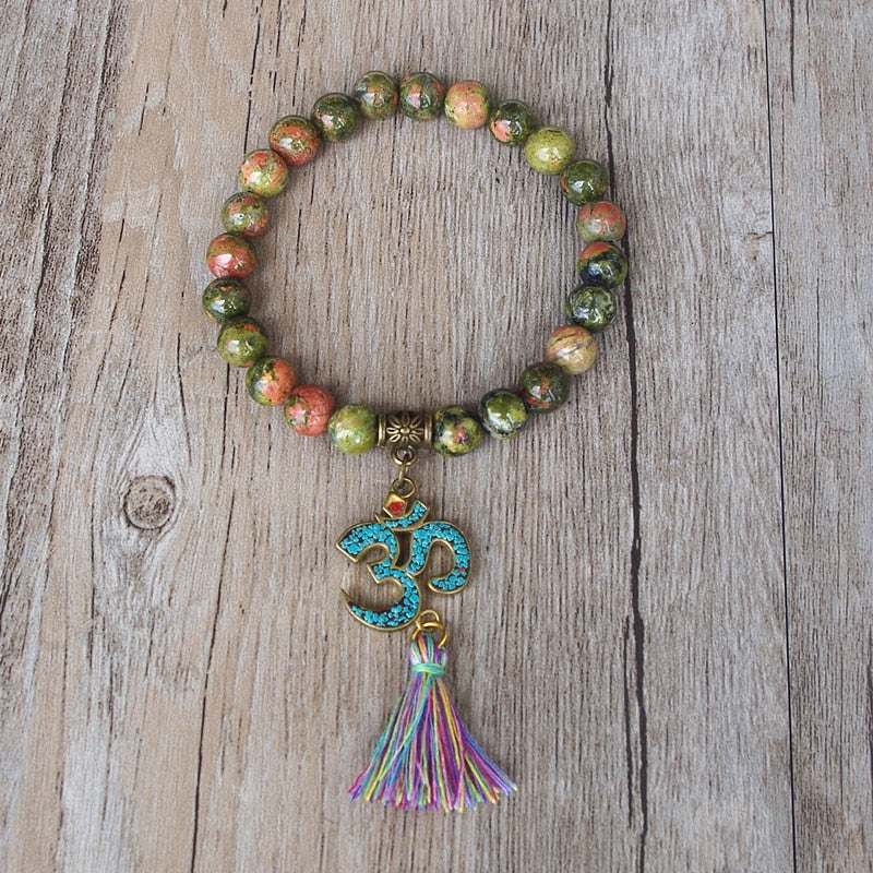 Natural Unakite Jasper OM Tibetan Bracelet