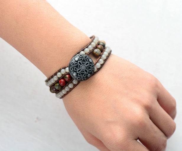 Natural Picasso Jasper & Labradorite Leather Wrap Bracelet