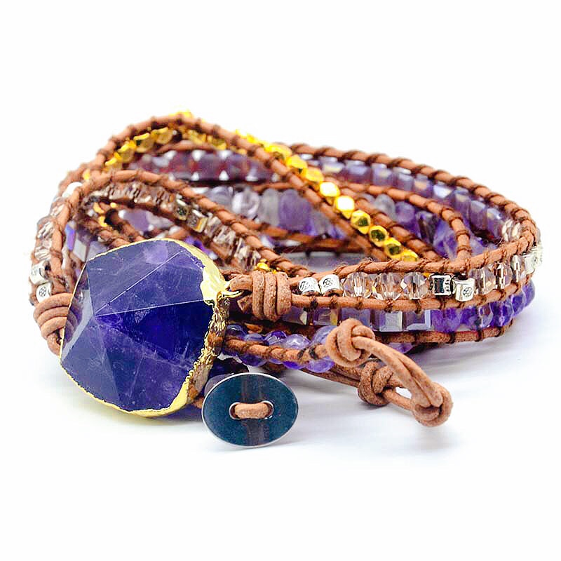 Natural Amethyst & Crystals Leather Wrap Bracelet