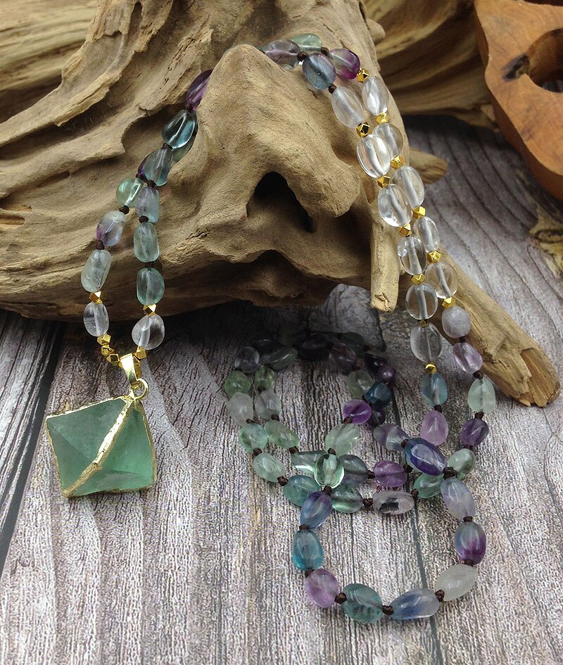 Natural Fluorite Mala Necklace & Octahedron Pendant