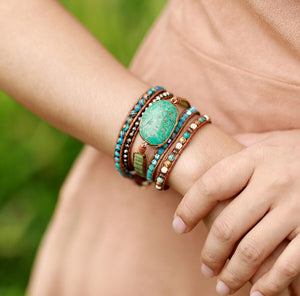 Natural Turquoise Jasper Leather Wrap Bracelet
