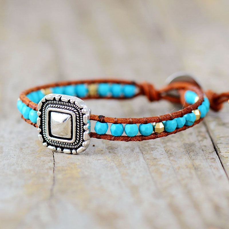 Natural Hawaiian Turquoise Leather Bracelet with Antique Charm