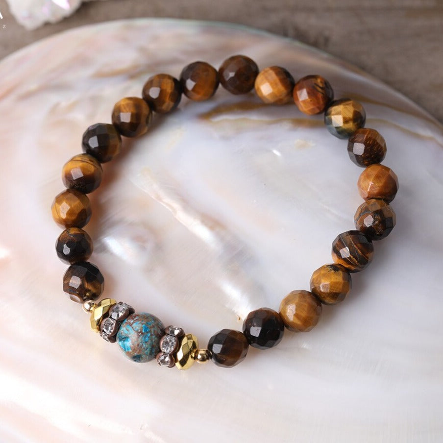 Natural Tiger Eye, Ocean Jasper Beaded Necklace with Fossil Flower Agate