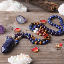 Load image into Gallery viewer, Natural Amethyst, Tiger Eye, Lapis Lazuli, Jasper Necklace with Sodalite Stone Pointed Pendant
