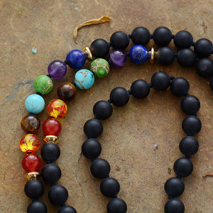108 Natural Black Onyx and 7 Chakra Mala Bead Necklace