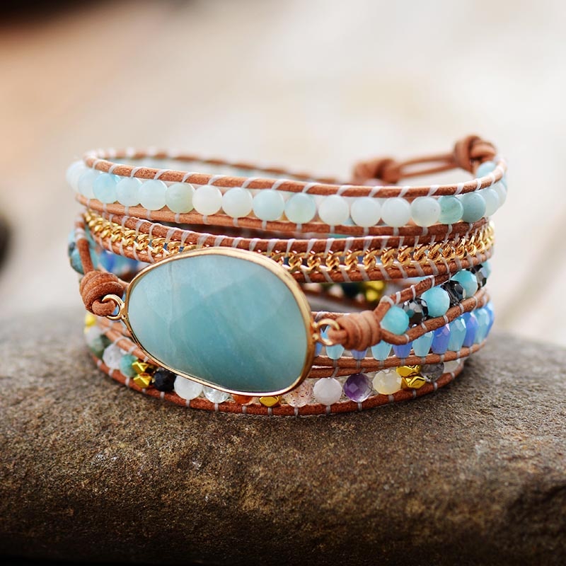 Natural Amazonite & Crystals Leather Wrap Bracelet