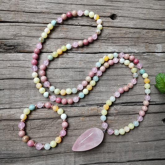 Natural Rose Quartz, Jade, Agate & Rhodonite 108 Beads Mala Necklace / Bracelet