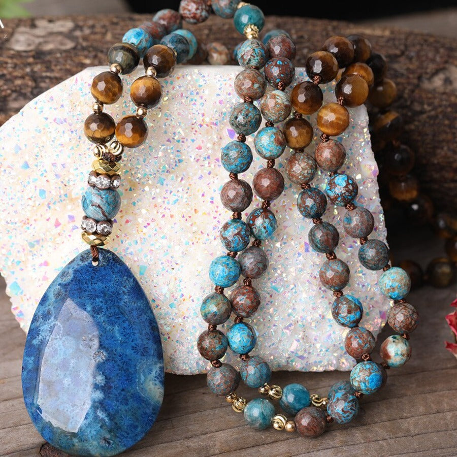 Natural Tiger Eye, Ocean Jasper Beaded Necklace with Fossil Flower Agate