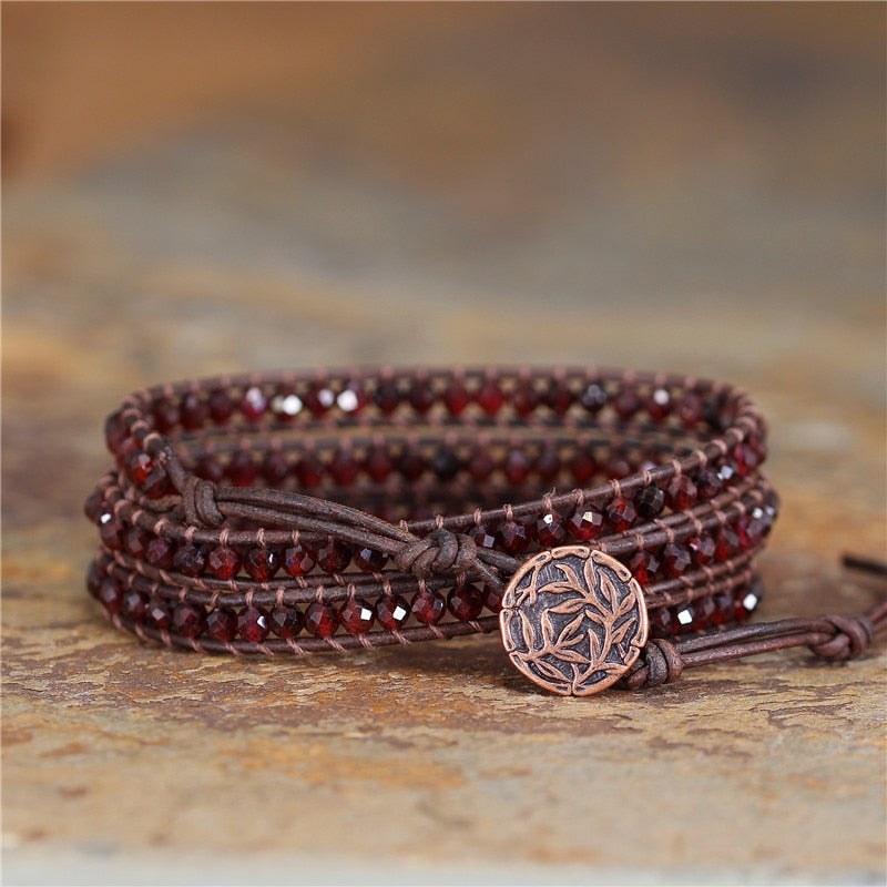 Natural Red Garnet Leather Wrap Bracelet