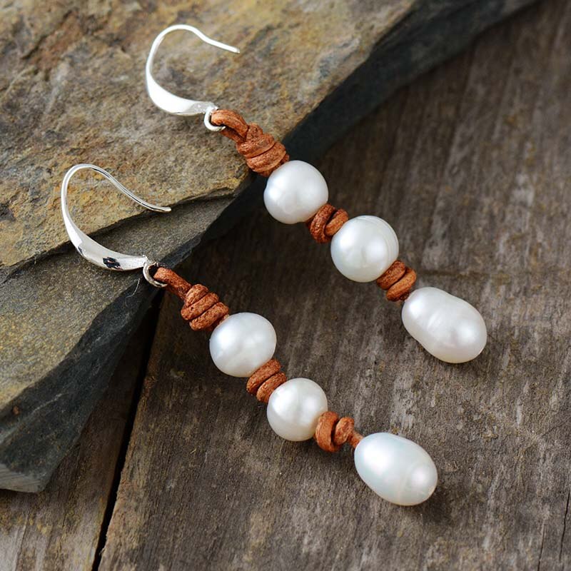 Natural Freshwater Pearls Leather Earrings