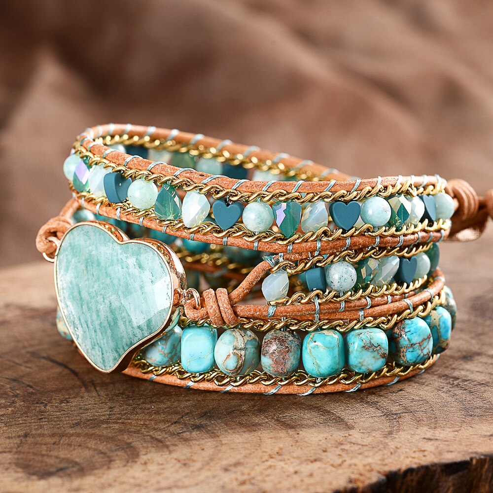 Natural Turquoise Jasper & Amazonite Heart Leather Wrap Bracelet