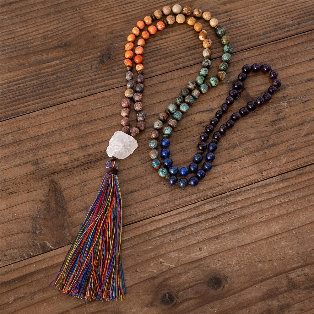 Natural Jasper, Amethyst & African Turquoise 108 Mala Beads Necklace