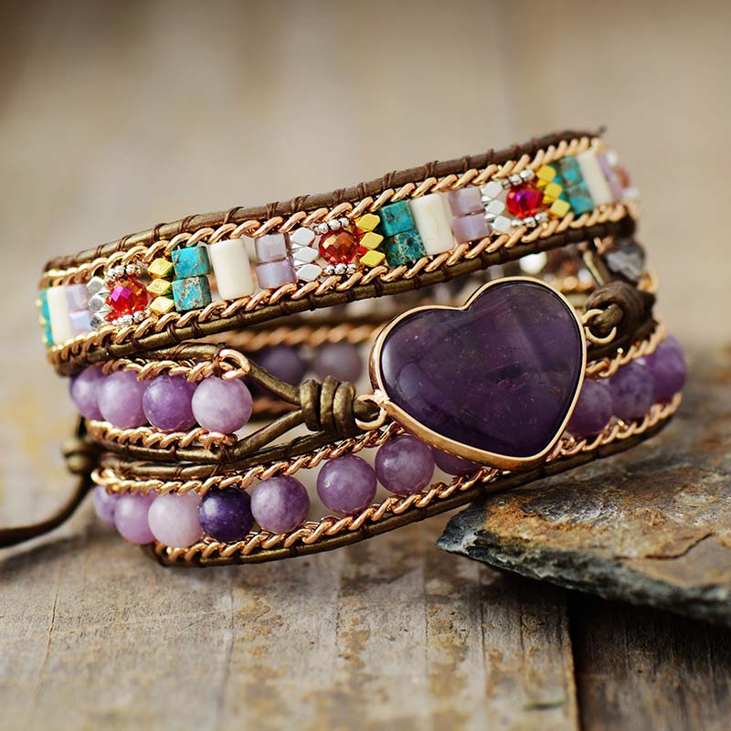 Natural Amethyst, Jade & Jasper Leather Wrap Bracelet with Heart Charm