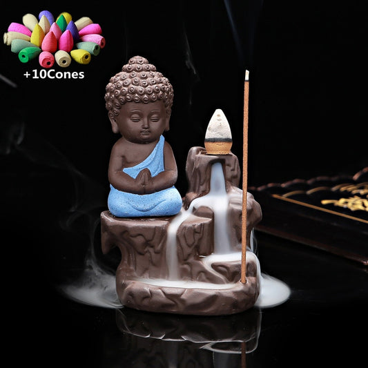 Ceramic Little Buddhist Monk Incense Burner with 10 Incense Cones