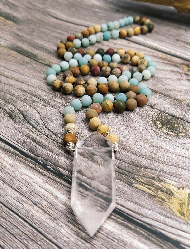 Natural Jasper, Amazonite & Clear Quartz Wand Necklace