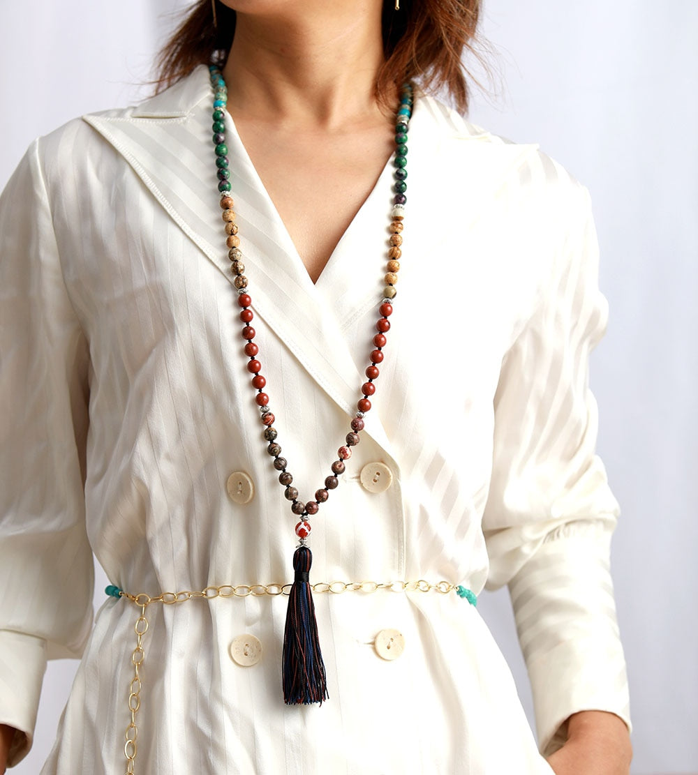 108 Natural Amethyst, Jasper, Lapis Lazuli & Agate Bead Mala Necklace
