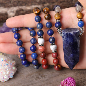 Natural Amethyst, Tiger Eye, Lapis Lazuli, Jasper Necklace with Sodalite Stone Pointed Pendant
