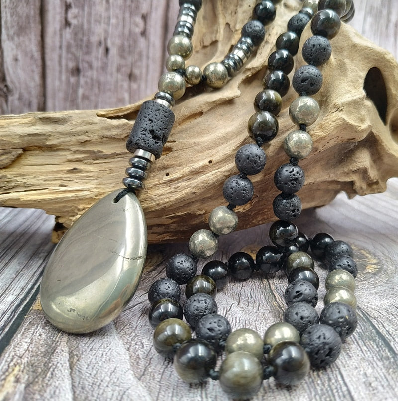 Natural Hematite, Golden Obisdian, Lava Stones & Pyrite Necklace