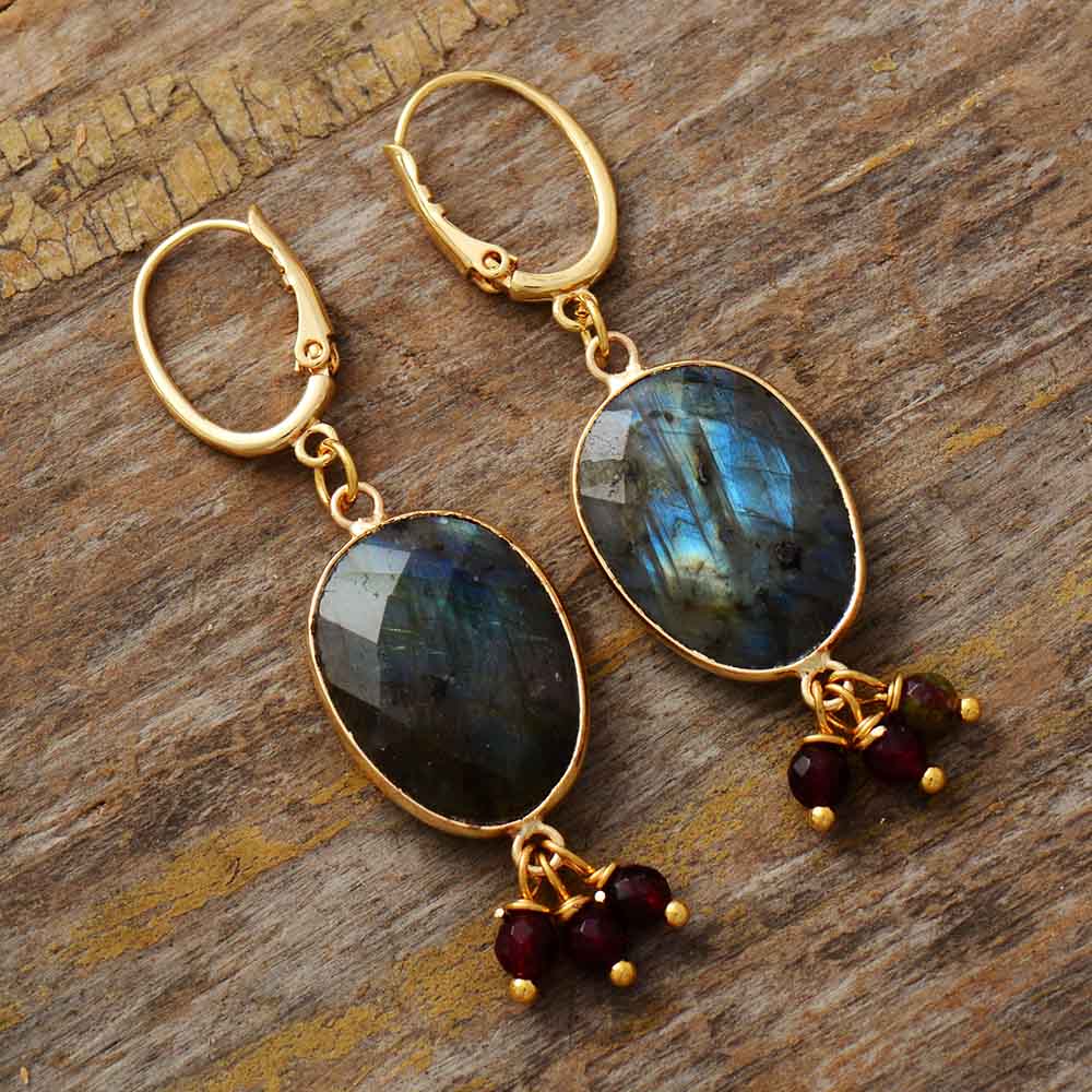 Natural Labradorite & Rhinestones Earrings