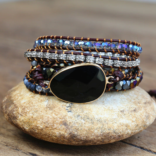 Natural Black Onyx Beaded Wrap Bracelet