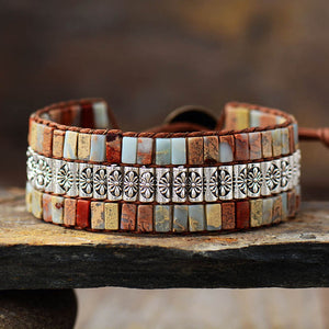 Natural Tan Jasper Leather Wrap Bracelet