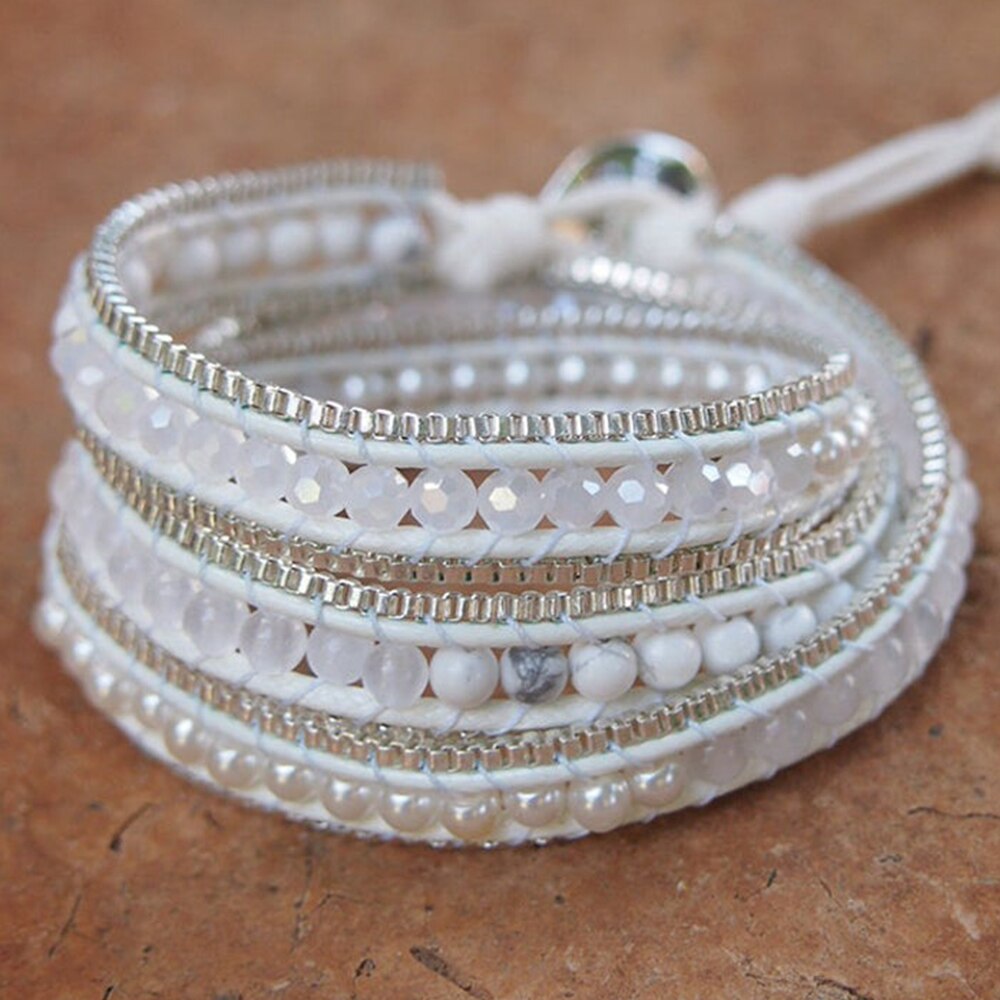 Natural Howlite & Freshwater Pearls Vegan Leather Wrap Bracelet