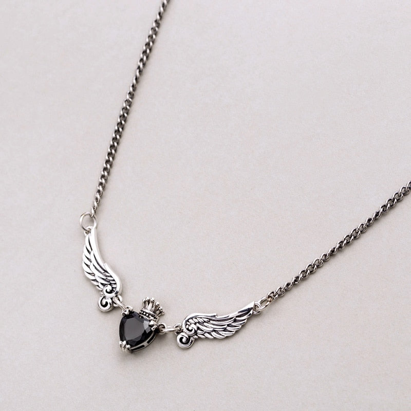 11:11 Silver Angel Wings&Heart Necklace with Black Zircon