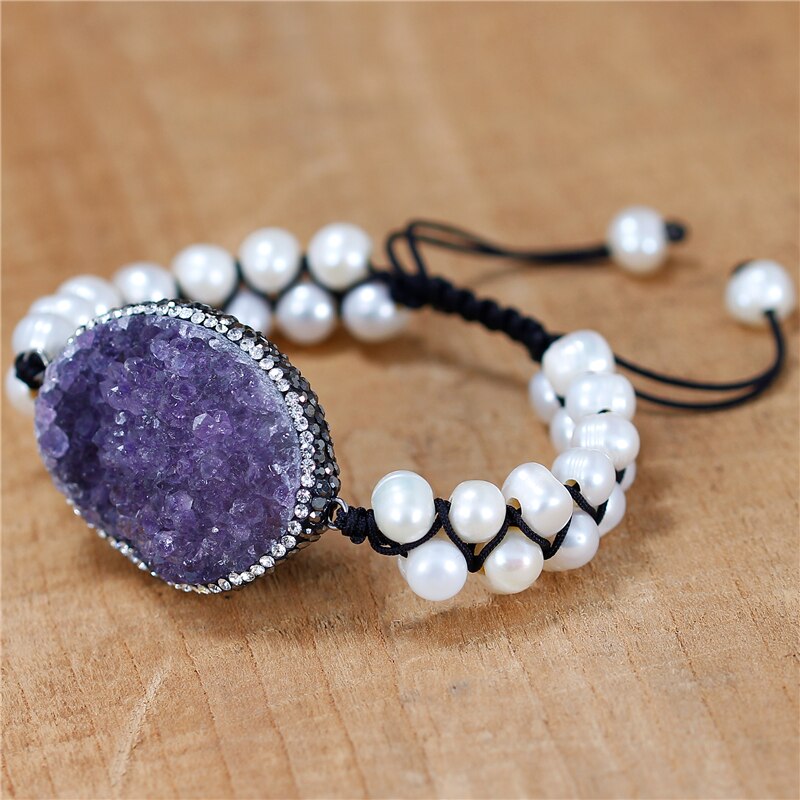 Natural Amethyst Druzy Charm & Freshwater Pearls Braided Bracelet