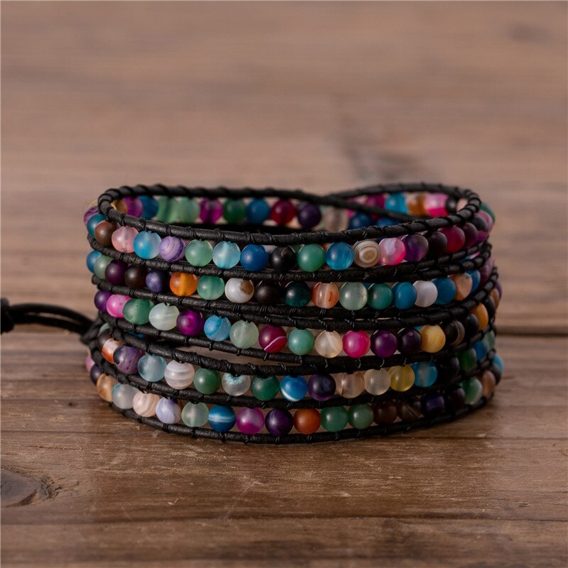 Natural Multicoloured Agate & Onyx Leather Wrap Bracelet