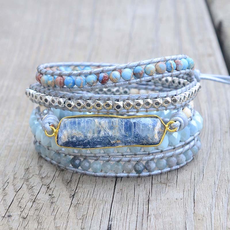 Raw Blue Topaz, Howlite & Light Blue Jasper Leather Wrap Bracelet