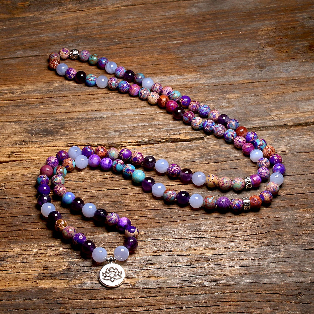 Natural Light Blue Agate, Purple Jasper & Amethyst 108 Mala Beads Necklace / Bracelet